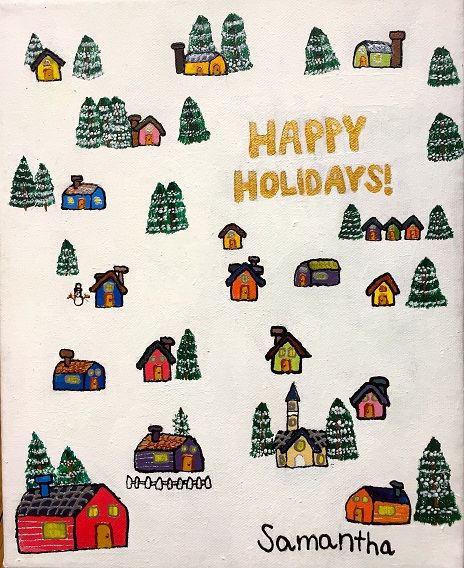 snow-capped trees and colorful houses by Samantha Kaspar